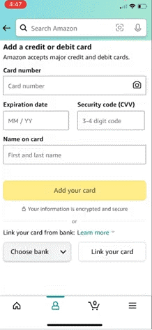 Final Step of Using Amazon Credit Card on Another Account: Add your Card Information 