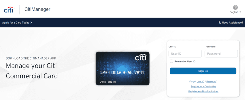 Citi Manager login page