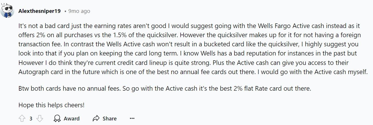 Quicksilver card Cashback Reward Reddit Opinions