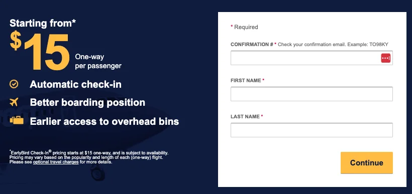 Southwest Airlines EarlyBird Check-In Form